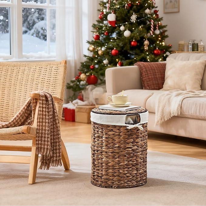 Round Water Hyacinth Laundry Hamper with Lid Handwoven Wicker Basket with Handles for Dirty Clothes, Storage, and Organization, No Assembly Required, 40L