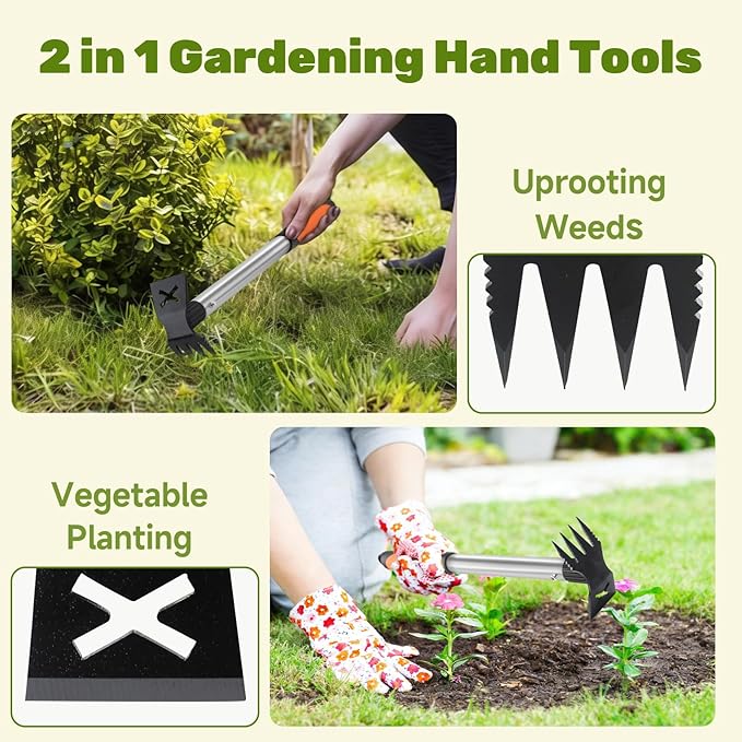 Weed Puller Tool 2 Pack, 2 in 1 Manual Weeding Rake and Garden Hoe, 17" Uprooting Weeder Remover Tool for Yard Lawn Patio and Garden, Portable Gardening Hand Tools for Veggies Flower Planting