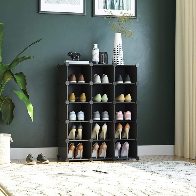 C&AHOME Plastic Shoe Rack,16-Cube Modular Shoes Storage Stand, Multifunction Closet Cabinet, Stackable Shoe Organizer Units for Bedroom Living Room Doorway, 36" L × 14.2" W × 28" H Black SRP15B