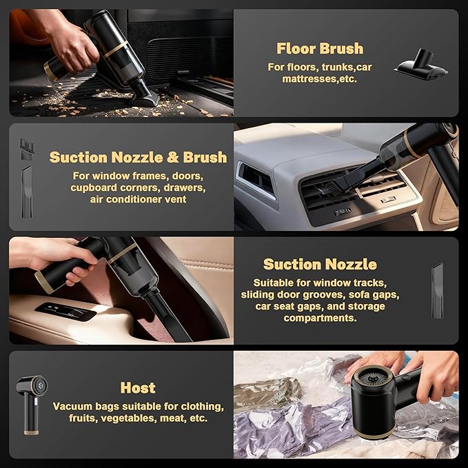 Cozylady Handheld Car Vacuum Portable Cordless, High Power 6 in 1 Vacuum Cleaner & Air Duster & Air Blower with 4000mAh Brushless Motor and Multi-Nozzles for Car, Home, Office, Camping, Pet (25kpa)