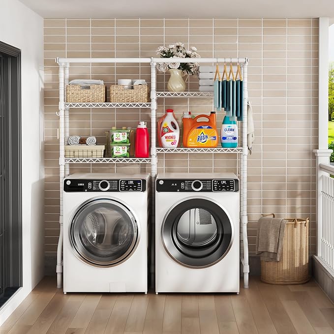 ULIFHOME U14 Medium Over the Washer and Dryer Shelves, 4 Tiers Laundry Room Storage and Organizer System, Space Saving Clothes Drying Rack with 2 Clothes Hanger Rods, 57.8"W x 20.5"D x 77.4"H, White
