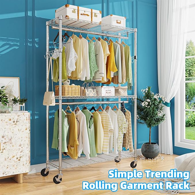 Simple Trending Clothing Garment Rack with 3 Tiers Storage Shelves, Heavy Duty Rolling Clothes Organizer Double Rods with Wheels for Hanging Clothes, Chrome