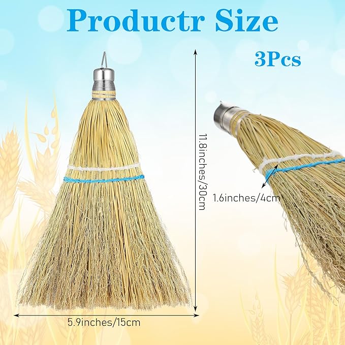 3 Pcs 12 Inch Whisk Broom Hand Held Handmade Mini Corn Broom Straw with a Solid Metal Hang Design for Multi Surface Sweeping Outdoor Car Porch Debris Dust Dirt Driveway Sidewalks Halloween