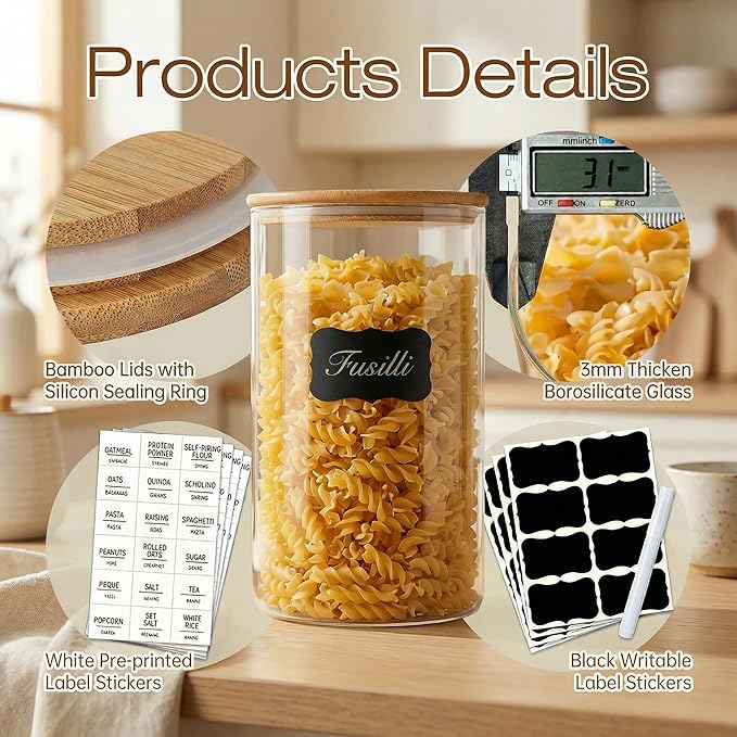 32oz & 21oz - 4 Pack Glass Jars with Bamboo Lids, Glass Pantry Storage Containers with Airtight Lids, Round Air Tigh Food Storage Canisters for Cereal, Pasta, Flour, Sugar, Best for Kitchen Organizer