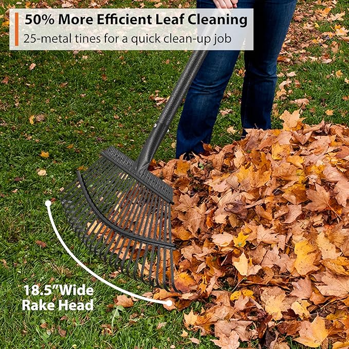 Rake, Gardening Rakes for Leaves Lawns Heavy Duty, 79 in Leaf Rake with 25 Clog-Free Tines, 18.5” Wide Large Head, Metal Garden Tools for Yard Quick Cleanup Garss, Debris, Detachable for Camping