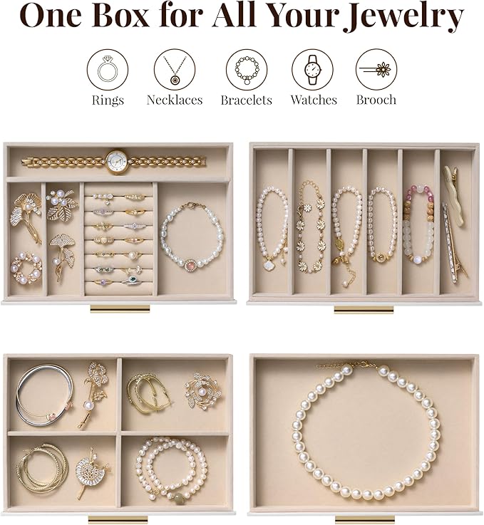 pickpiff Jewelry Box Organizer Case for Women: 4-Layer Jewelry Storage Case with Glass Window, Pure White Leather with Velvet Holder for Ring Necklace Bracelet Brooch Watch, Great Gift for Her