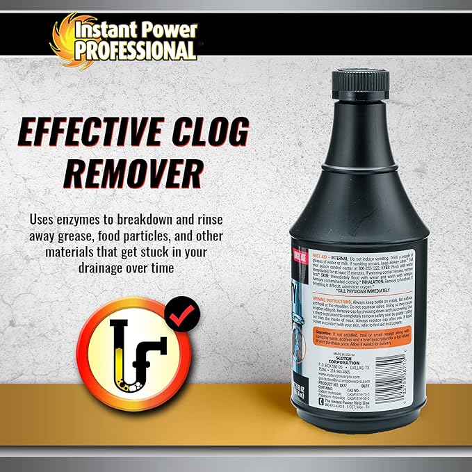 Instant Power Professional Heavy Duty Drain Opener - Sink and Shower Drain Cleaner, Clog Remover and Deodorizer, Dissolves Hair and Grease Clogs, Ready to Use, Made in USA - 20 Fl Oz (Pack of 6)