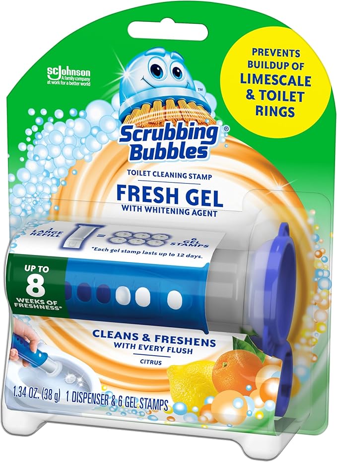 Scrubbing Bubbles Fresh Gel Toilet Bowl Cleaning Stamps, Helps Keep Toilet Clean and Helps Prevent Limescale & Rings, Citrus Scent, 1 Dispenser with 6 Fresh Gel Stamps (Pack of 2)