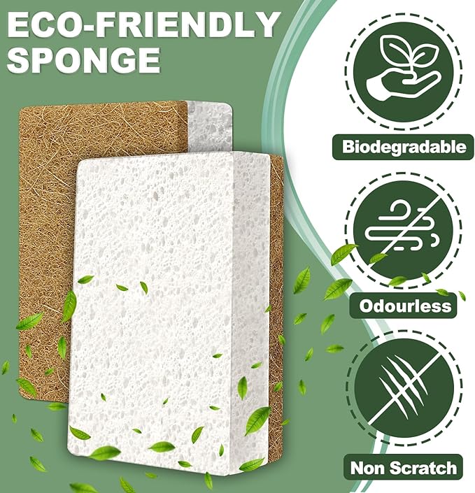 Aheroi Natural Dish Sponge, 32 Count FSC Certified Plant-Based Biodegradable Compostable Kitchen Sponges for Dishes Bulk, Organic Eco Friendly Cleaning Sponge for Bathroom, Household, Non Scratch