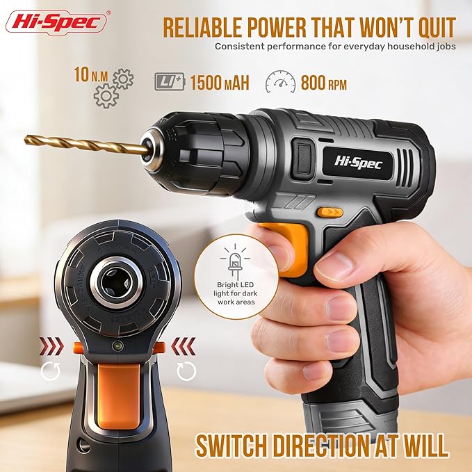 Hi-Spec 8V Cordless Drill Set & Home Tool Kit – USB Rechargeable Electric Power Drill Driver, Compact Tool Set with Essential Accessories, Gray, Perfect for DIY Repair, Maintenance, and Projects