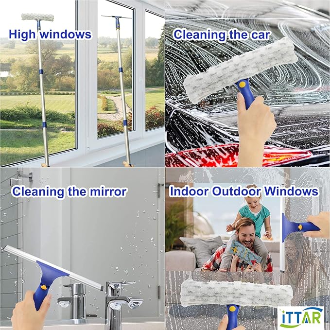 ITTAR Rotatable Window Cleaning Kit, Glass Cleaner Tool with 60" Extension Pole, Rubber Squeegee & 2 Microfiber Pads Combo, Window Washing Equipment for Cleaning Shower, High Windows, Car Glass