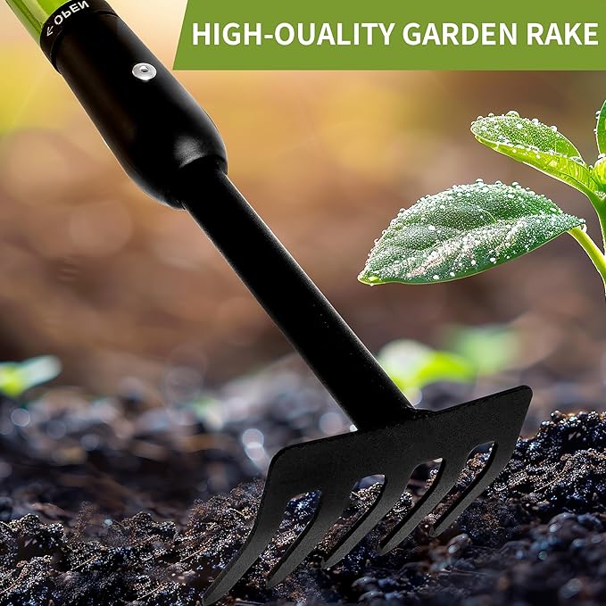 Garden Rake - Small Rake for Gardening with Telescopic Adjustable Handle (27-39”), Mini Rake for Tight Spaces, Flower Beds, Pots - No Bending & Elderly Friendly, Non-Slip Small Garden Rake