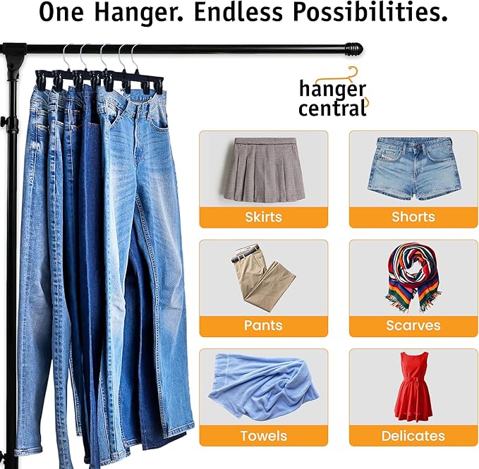 Hanger Central 12 Pack Pants Hangers – 12 Inch Slim Plastic Clothes Hangers with Clips for Skirts, Pants, Shorts – Space Saving Heavy Duty Closet Organizer with Non Slip Grip & Swivel Hook – Black