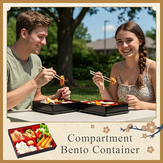 Teenyyou 2 Pcs 10.6 x 8.3 x 2.2 Inch Japanese Bento Box 6 Compartments Divided Lunch Box with Greaseproof Adult Japanese Bento Lunch Container Sushi Home Restaurant