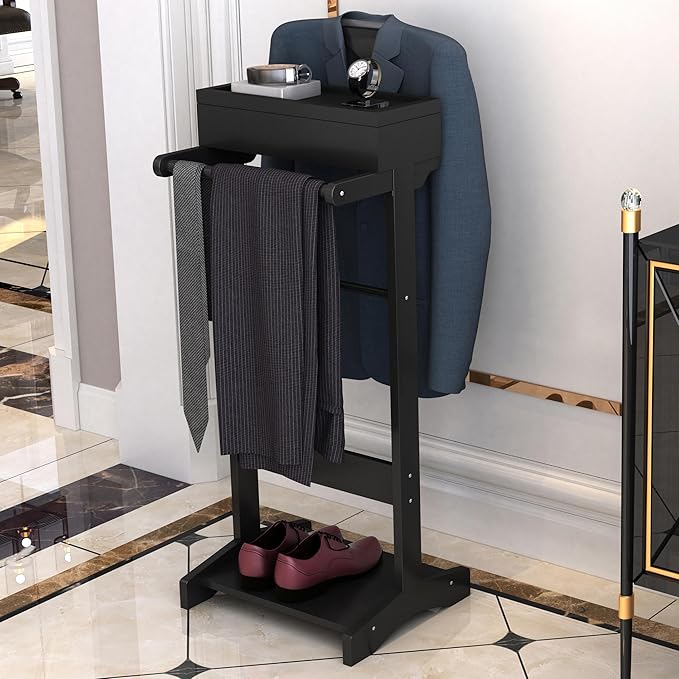 Wooden Valet Stand for Men, Clothing Rack with Top Tray Organizer, Shoe Shelf for Entryway, Bedroom, Office
