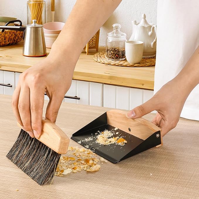 Small Dust Pan and Brush Set, Mini Hand Broom and Dustpan Set, Wooden Crumb Sweeper for Home Desktop, Sofa, Pet Care Household (Black)