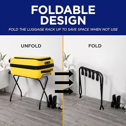 Lifemaster Metal Luggage Rack - Pack of 3 Foldable, Easy Assembly, Space Saving, and Stylish Steel Frame Guest Suitcase Stands with Nylon Straps - Black