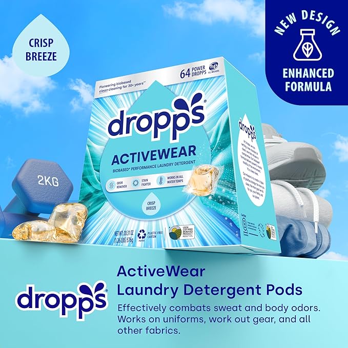 Dropps Activewear Laundry Detergent Pods, Crisp Breeze (64 Count) - Powerful Laundry Pods | Fights Sweat & Body Odors | For Synthetic Workout Clothes | Clean Ingredients | Plastic Free Packaging