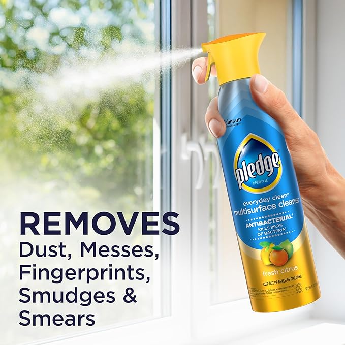 Pledge Antibacterial Multisurface Cleaner Spray, Wood Furniture, Stainless Steel, and Electronics Cleaner, Sanitizes as Cleans, Remove Dust and Messes - Fresh Citrus Scent, 9.7oz