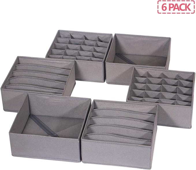 DIOMMELL 6 Pack Foldable Cloth Storage Box Closet Dresser Drawer Organizer Fabric Baskets Bins Containers Divider for Clothes Underwear Bras Socks Lingerie Clothing, M Grey 22-2000