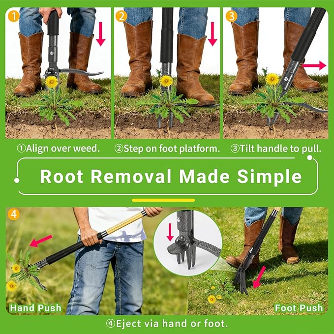 Weed Puller Tool, Heavy Duty Gardening Hand Tools with 4-Claw Steel Head & Dual-Eject Mechanism, 43.5" Bamboo Long Handle Stand Up Weeding Tool for Lawn Yard, Includes 16 Gallon Leaf Bag