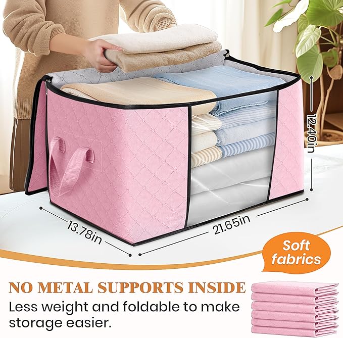 Fab totes 3 Pack Clothes Storage, Foldable Thick Fabric Blanket Storage Bags, Containers for Organizing Bedroom, Closet, Clothing, Comforter, Organization with Handle,Pink