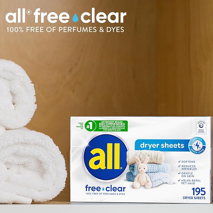 all Fabric Softener Dryer Sheets for Sensitive Skin, Free Clear, 195 Count