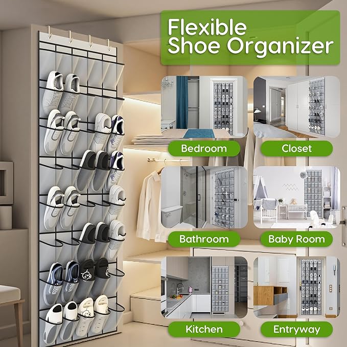 Unjumbly Over the Door Shoe Organizer with 40 Large Breathable Mesh Pockets, Space Saving Shoe Holder, Hanging Shoe Rack for Entryway Bedroom Closet Storage (Grey, 80 Pockets)
