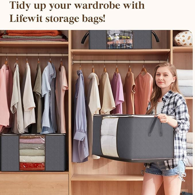 Lifewit 27 Pack 90L Clothes Storage Bins with Lids, Foldable Blanket Storage Bags with Zippers, Clear Window and Reinforced Handles, Closet and Organization for Clothing, Sweater, Comforter, Bedding