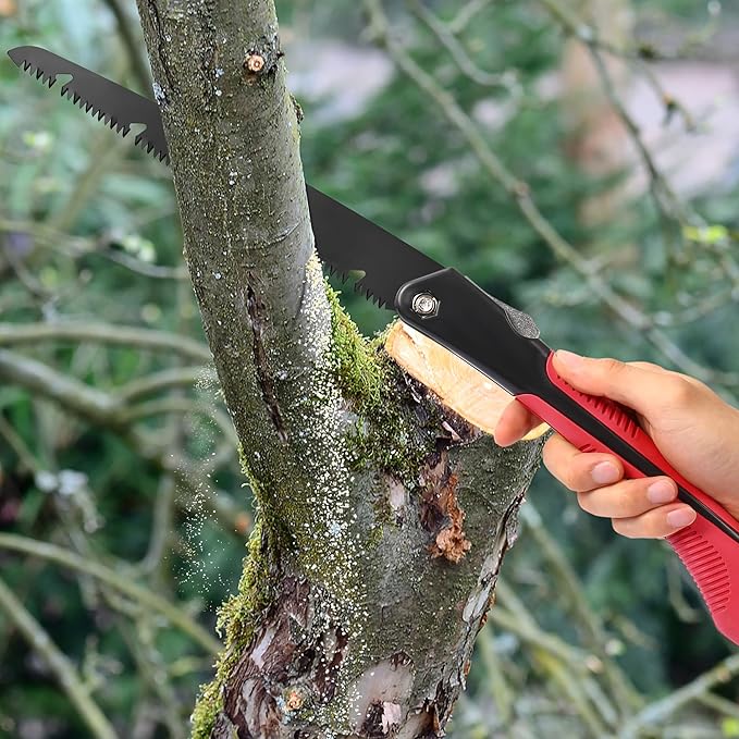 Folding Camping saw 10 inch – SK9 High-Carbon Steel TEFLON-Coated Rust-Resistant, 2 Locking Positions, Hand Saw for Garden Tree Limbs, Wood Cutting & Outdoor Camping (2 Extra Blades)