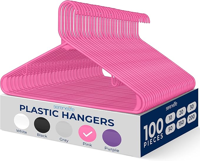 SereneLife 100-Piece Plastic Shirt Hangers – Non-Slip, Slim, Heavy Duty Clothing Hangers for Closets, Space Saving Lightweight Design for Dresses Shirts Coats and Everyday Wardrobe Organization (Pink)