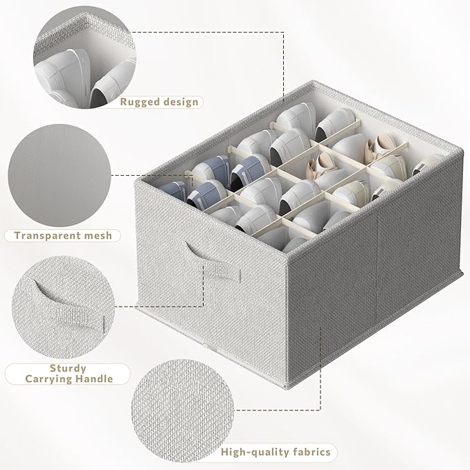 FHSQX 4 Pack Shoe Organizer for Closet,Foldable Shoe Organizer,Fits up to 48 Pairs,Storage Containers With Bottom Support for Shoes (Light Grey, (16.5 * 12.6 * 9.5) x4)