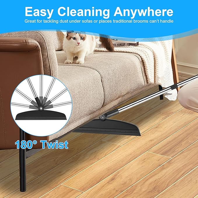 Broom with Dustpan Combo Set and Silicone Air Broom Kit, 51" Long Handle Floor Squeegee, Black Household Kit for Glass Window Rugs Pet Hair Home