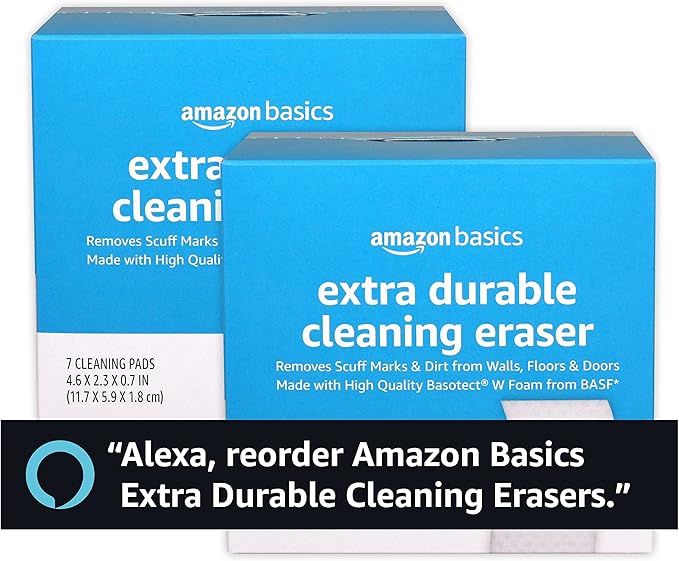 Amazon Basics Extra Durable Cleaning Erasers, Removes Scuff Marks and Dirt from Walls, Floors and Doors, 2 Packs of 7