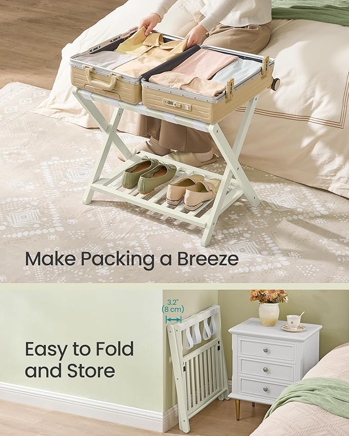 SONGMICS Solid Wood Luggage Racks, Set of 2, No Assembly Required, Foldable Suitcase Stand, Luggage Holder, with Storage Shelf, for Guest Room, Hotel, Bedroom, Cream White URLR021WZ02S