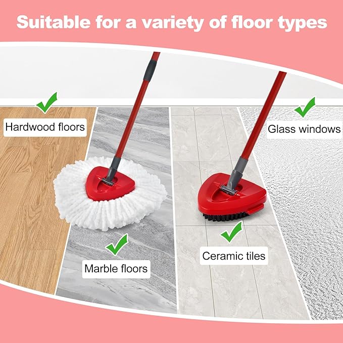 Mop Handle Mop Replace Heads and Mop Base Brush Replacement for O Cedar EasyWring 1-Tank System Include 3 Spin Mop Replacement Head, 4-Section Mop Handles, 1 Base and 1 Scrub Brush Combo
