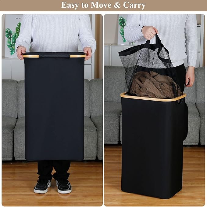 iEGrow Laundry Hamper with Lid, 110L Large Laundry Hamper with Handle and Lid, Collapsible Clothes Basket Organizer with Removable Inner Bag for Clothes Toys Towels - Black