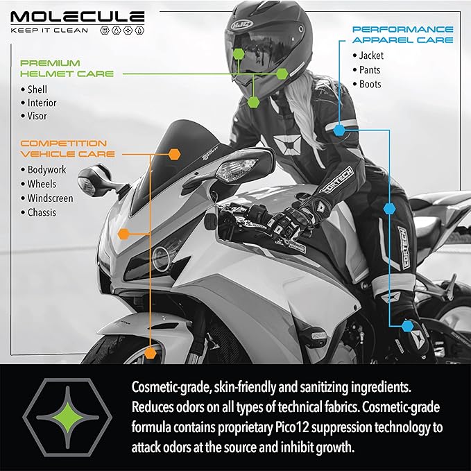 Molecule Refresh Spray | Performance Apparel Care | Cleans and Deodorizes Racing Suites & Technical Fabrics | Signature Fresh Scent | 4 Ounces