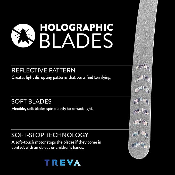 Treva Chemical Free Bug Fan Fly Repellent/Deterrent with Holographic Blades to Clear Bugs, Mosquitoes, and Flies, Battery Powered Fly Fan