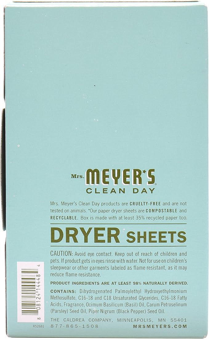 Mrs. Meyer's Clean Day Dryer Sheets, Softens Fabric, Reduces Static, Cruelty Free Formula, Basil Scent, 80 Count