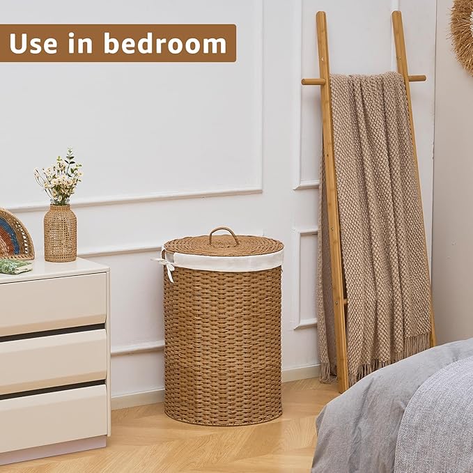 Round Wicker Laundry Hamper with Lid Handwoven Rattan Basket with Handles for Dirty Clothes, 2 Washable Liner Bags, No Assembly Required, Washable Basket, 90L