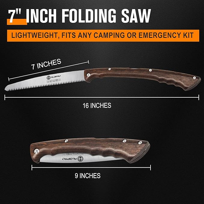 7" Professional Folding Hand Saw - SK5 High Carbon Steel Blade, Ergonomic Wenge Wood Handle, Leather Sheath | Survival Saw for Camping, Bushcraft, Pruning & Tree Trimming with Secure Lock