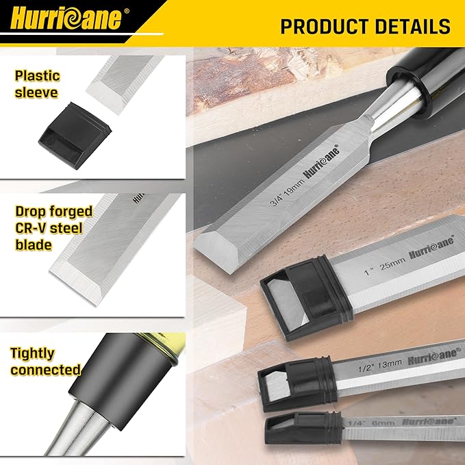 HURRICANE 4 Piece Wood Chisel Set for Woodworking. CR-V Steel Beveled Edge Blades with Safety Caps. Durable PVC High Impact Handle, for Precision Carving & DIY Projects (1/4", 1/2", 3/4", 1")