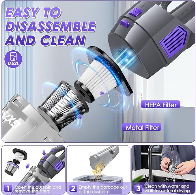 Gxzsk Handheld Vacuum Cordless, 15000PA Strong Suction Hand Held Car Vacuum Cleaner Rechargeable, Portable Hand Vacuum with Multi-Nozzles & Washable Filter for Home Office, Car, Pets