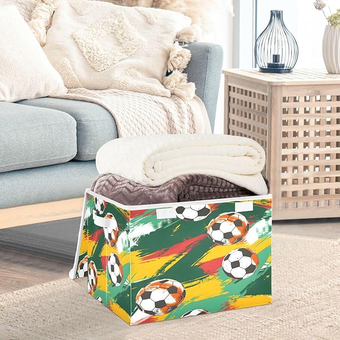 senya Large Storage Bins with Linen Collapsible Foldable Storage Cubes Fabric Closet Organizer Containers box with Flip-Top Lid for Home Bedroom Office 16.7 x 12.6 x 11.8in (Football)