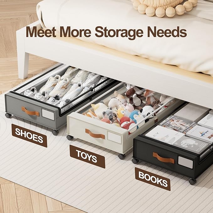 LAMU Under Bed Storage with Wheels, 2 Pack Under Bed Storage Containers with Clear Lid, XXL 60L Underbed Storage Bins, Rolling Under Bed Metal Drawers for Clothes, Blankets, Shoes, Beige