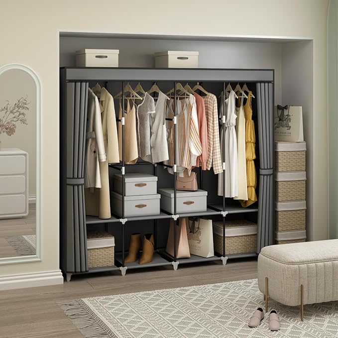 MOGELAFOO Portable Closet Wardrobe, 67-Inch Clothes Organizer with 4 Hanging Rods and 8 Shelves, Non-Woven Fabric Cover, Large Capacity Storage for Bedroom and Living Room, Grey