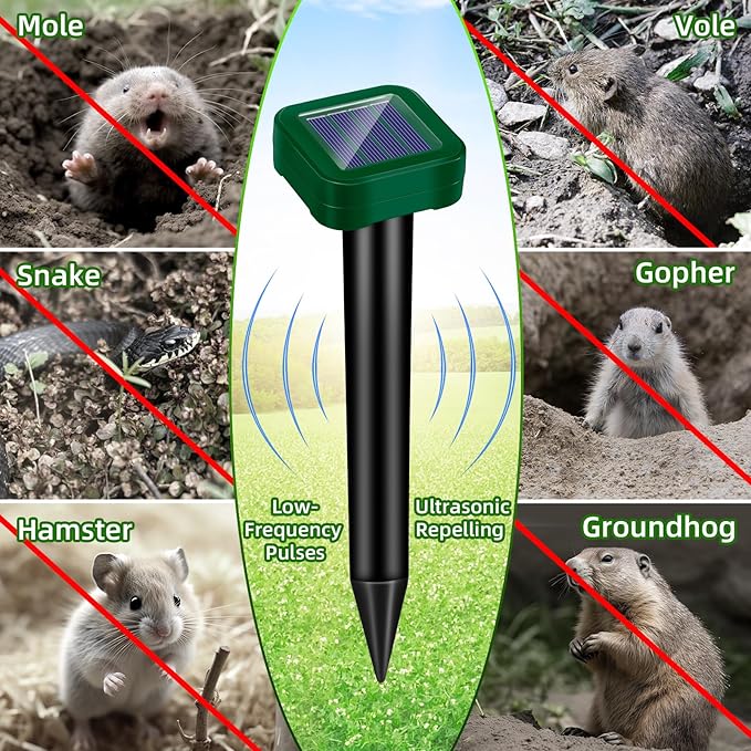 Solar Powered Mole Repellent Ultrasonic Outdoor, 8 Packs Snake Skunk Gopher Vole Rodent Deterrent, Waterproof Repeller for Yard Lawn Garden to Get Rid of Groundhog Chipmunk Raccoon