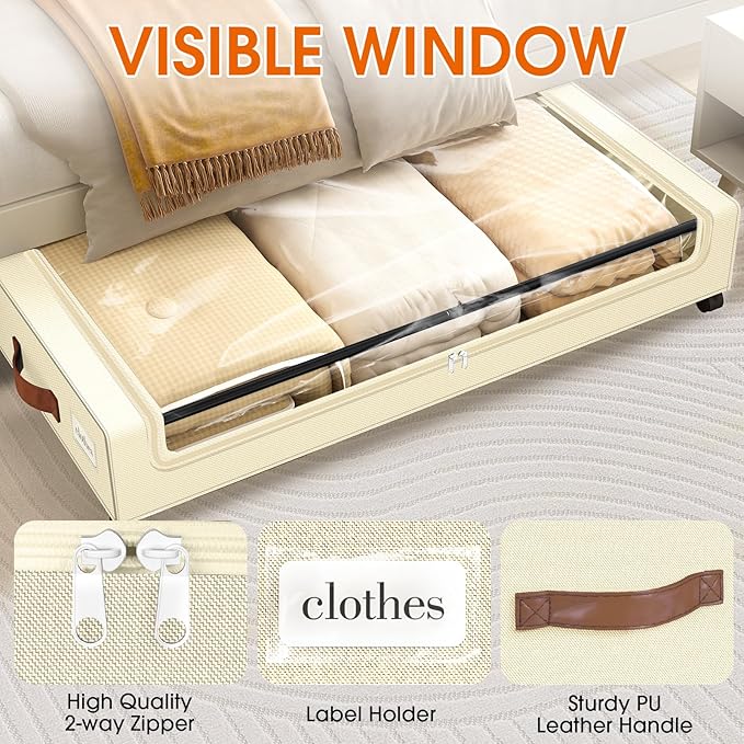 SpaceHacks Under Bed Storage with Wheels 1Pack Underbed Storage with Clear Window&Label Under Bed Drawers Large Capacity Rolling Under Bed Storage for Clothes,Shoes, Blankets (Beige)