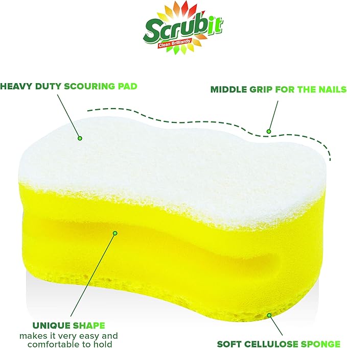 Scrub Sponge by Scrubit –Multipurpose Cellulose Cleaning Sponges with Non Scratch Scouring Pad for Dishes, Pots, Pans, Glass Cooktop - Super Absorbent - Unique Shape to Protect Nails: 12 Pack